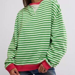 Free People Pink Clover Combo Classic Striped Oversized Crewneck Sweatshirt
